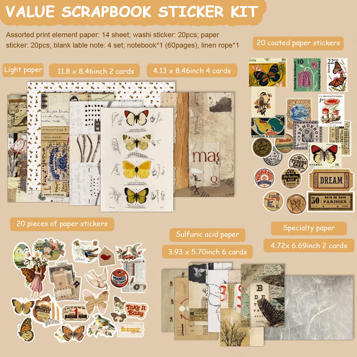 HASTHIP  Scrapbook Stickers Supplies Kit, DIY Scrapbook Kit for Journaling/Scrapbooking Retro Aesthetic Kit for Bullet Junk Journals, Notebook, Stickers Craft Kits Album Aesthetic HASTHIP  Scrapbook Stickers Supplies Kit, DIY Scrapbook Kit for Journaling/Scrapbooking Retro Aesthetic Kit for Bullet Junk Journals, Notebook, Stickers Craft Kits Album Aesthetic